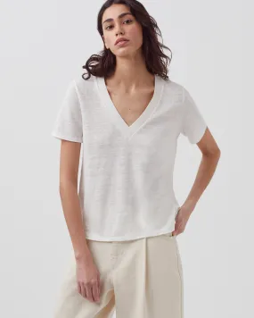 SARAH - Camiseta de lino con cuello de pico brillant white